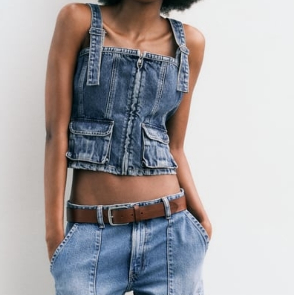 Zara TRF denim top blue sz L Nwt